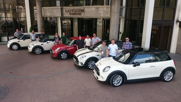 A fleet of Minis picking up clients in London from the Lancaster Hotel
