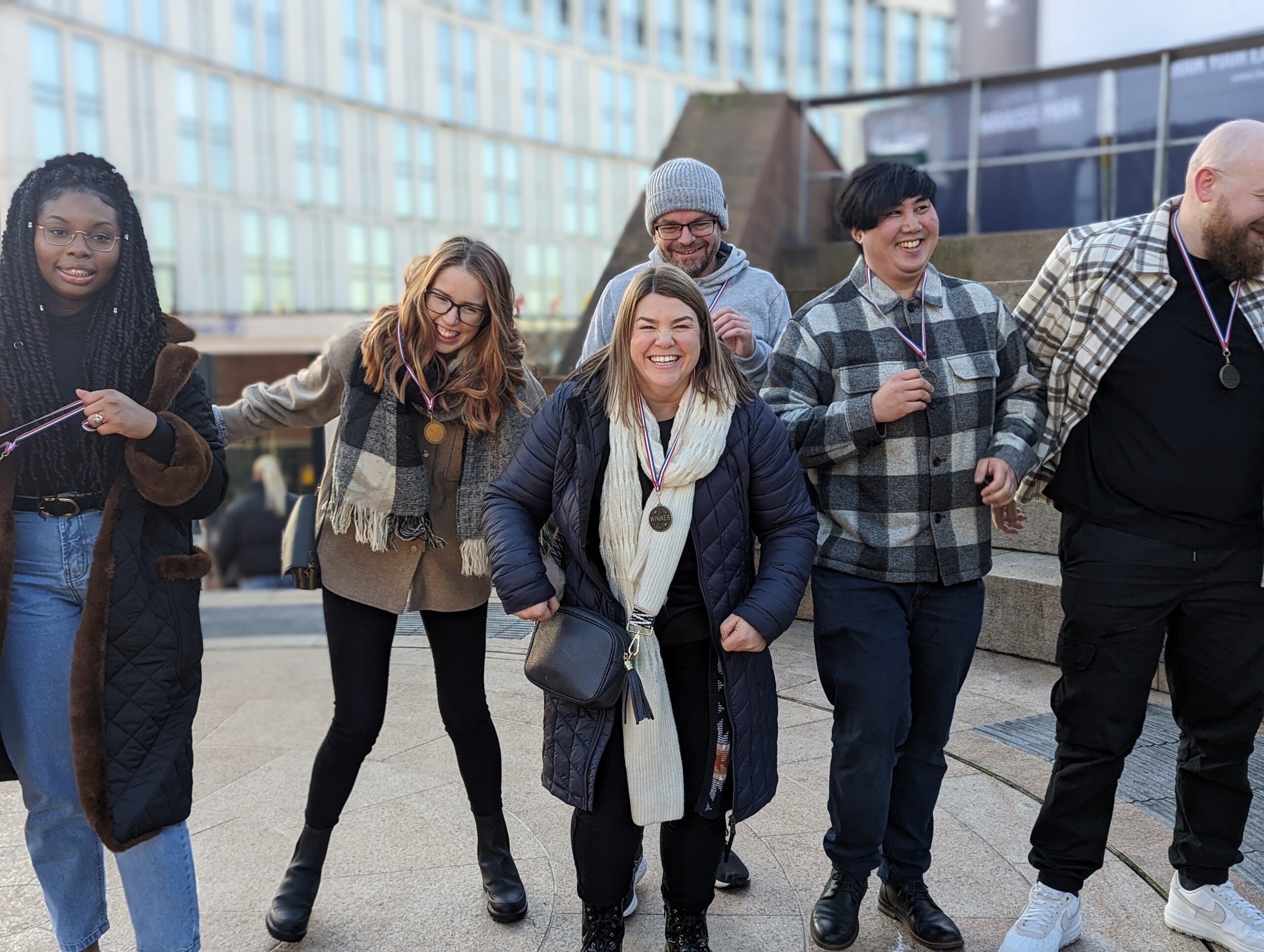 People on a christmas treasure hunt mixing an outdoor activity without the need for alchohol